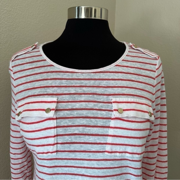 Chico's Stripe Linen Pocket 3/4 Sleeves Red White Top - Picture 3 of 10